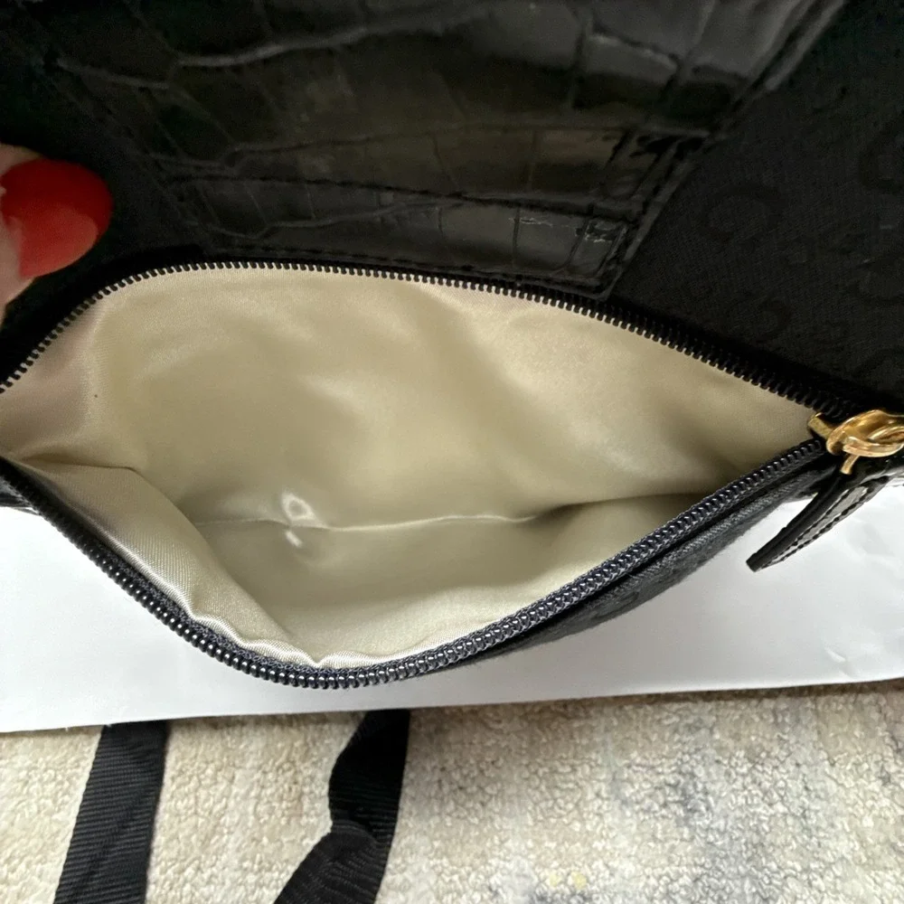 Guess Black Monogrammed Shoulder Bag Buckle‎ Detail Faux Croc Trim Satchel Y2K